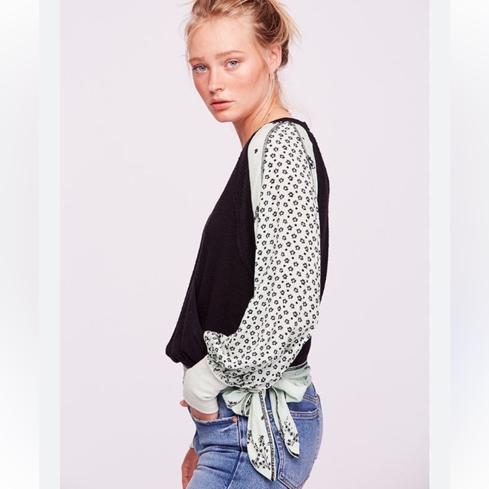 Free People Unique Long Sleeve Black and Tiffany Blue Floral Print V Neck Top